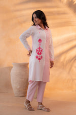 Thumbnail for Juniper Pink & White Divide Embroidered Panel Kurta Set - Distacart