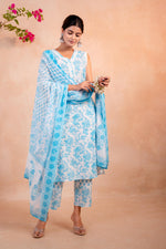 Thumbnail for Juniper Sky Blue Whisper Floral Kurta Pant And Dupatta Set - Distacart