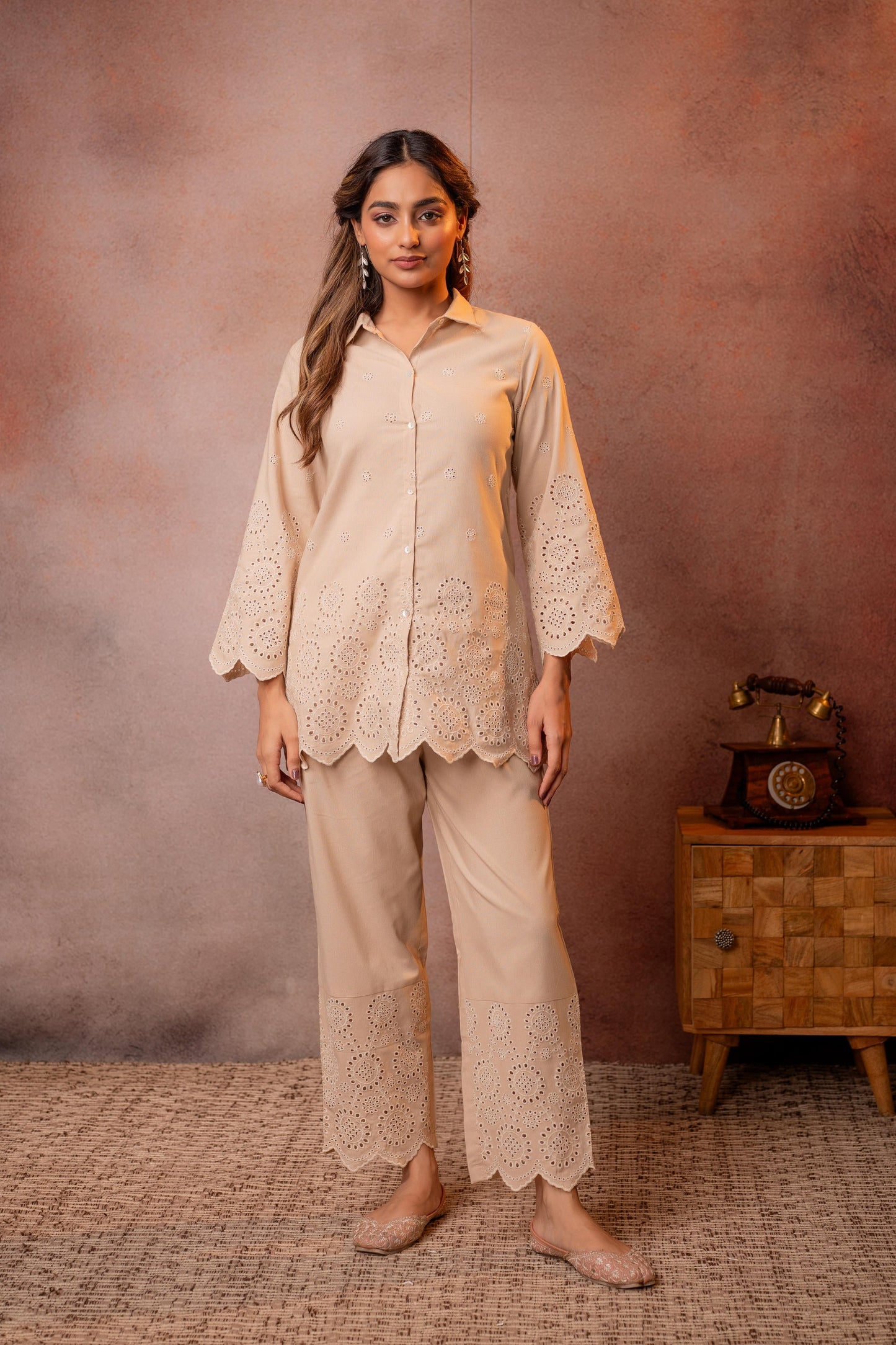 Juniper Sand Whisper Schiffli Co-Ord Set - Distacart