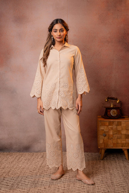 Juniper Sand Whisper Schiffli Co-Ord Set - Distacart