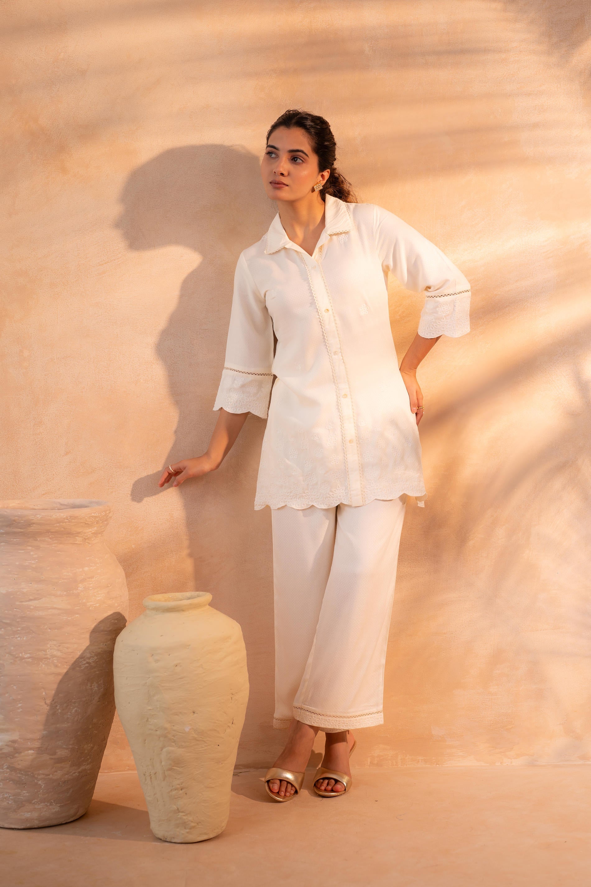 Juniper Beige Schiffli Lounge Co-Ord - Distacart
