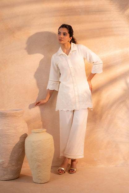Juniper Beige Schiffli Lounge Co-Ord - Distacart