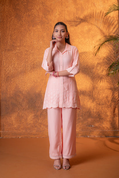 Juniper Peach Schiffli Lounge Co-Ord - Distacart