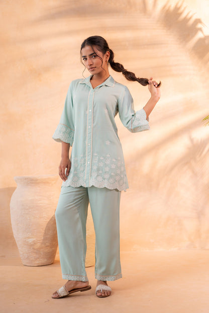 Juniper SageGreen Schiffli Lounge Co-Ord - Distacart