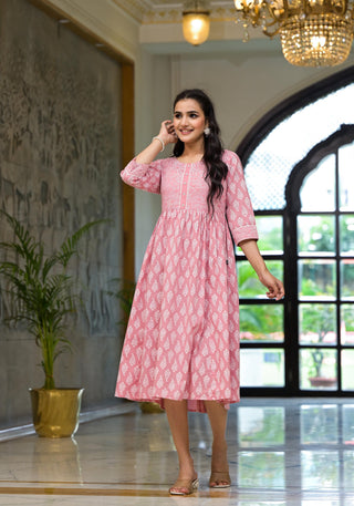 Juniper Pink Ethnic Motif Printed Cotton Short Dress with Button & Lace - Distacart