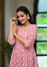Thumbnail for Juniper Pink Ethnic Motif Printed Cotton Short Dress with Button & Lace - Distacart