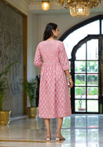 Thumbnail for Juniper Pink Ethnic Motif Printed Cotton Short Dress with Button & Lace - Distacart