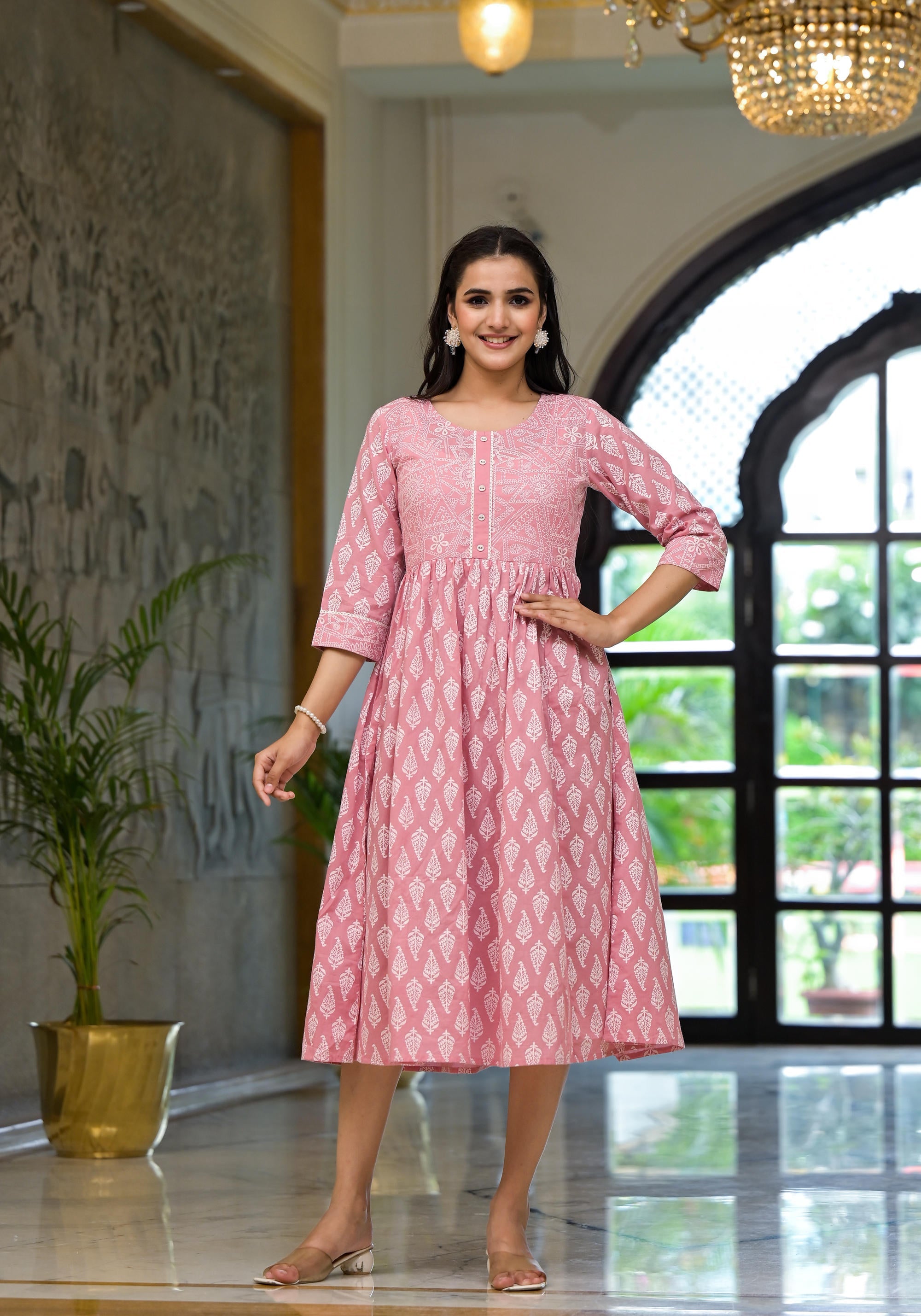 Juniper Pink Ethnic Motif Printed Cotton Short Dress with Button & Lace - Distacart