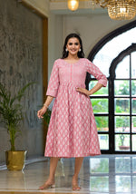 Thumbnail for Juniper Pink Ethnic Motif Printed Cotton Short Dress with Button & Lace - Distacart