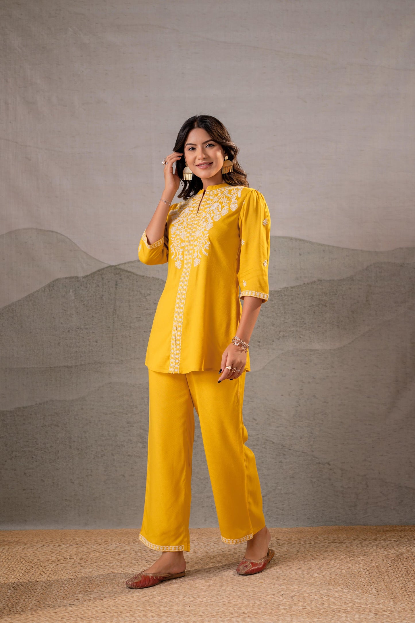 Juniper Sunlit Bloom Mustard Embroidered Co-Ord Set - Distacart