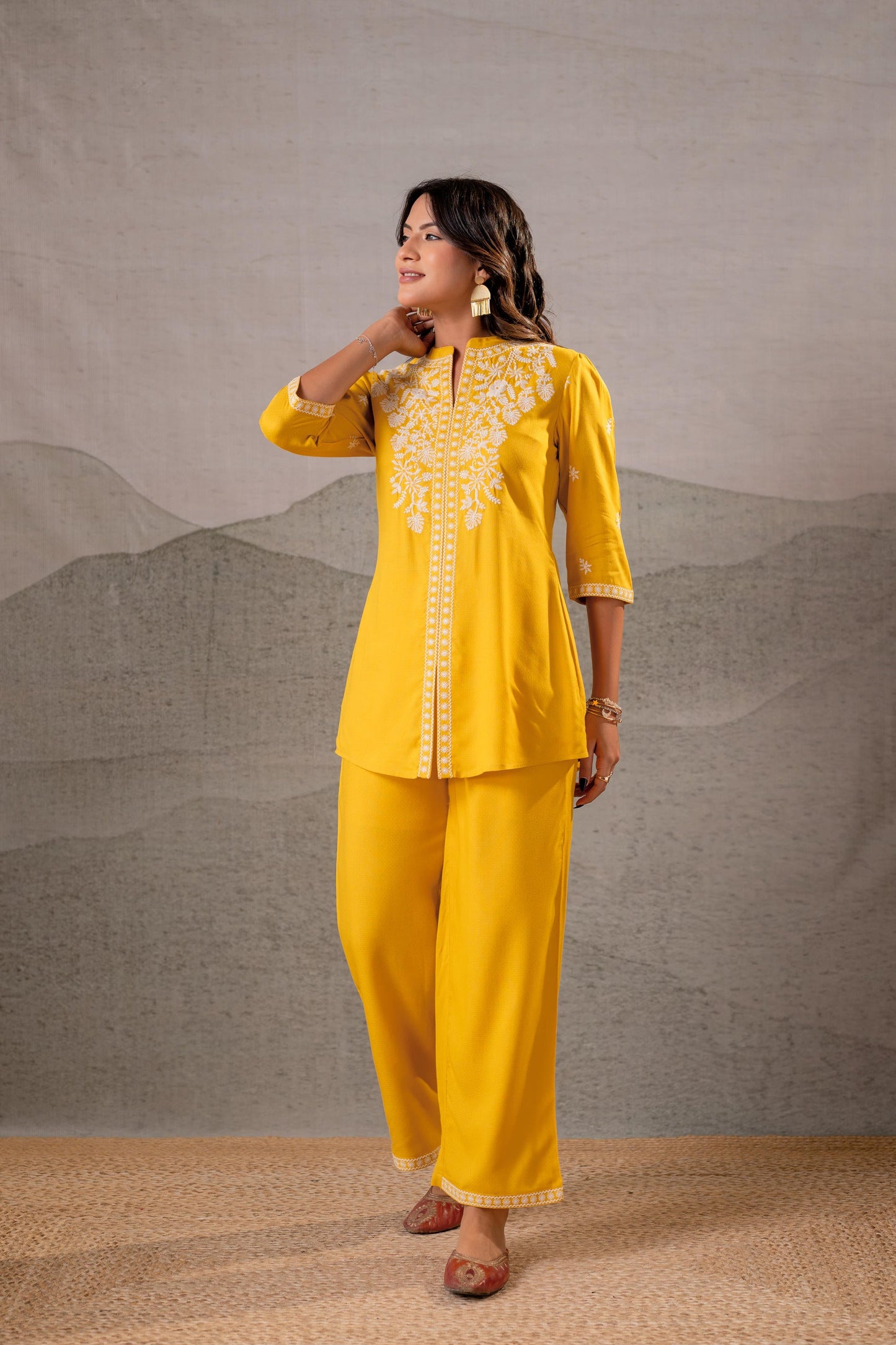 Juniper Sunlit Bloom Mustard Embroidered Co-Ord Set - Distacart