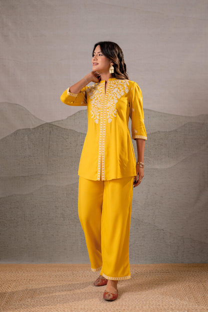 Juniper Sunlit Bloom Mustard Embroidered Co-Ord Set - Distacart