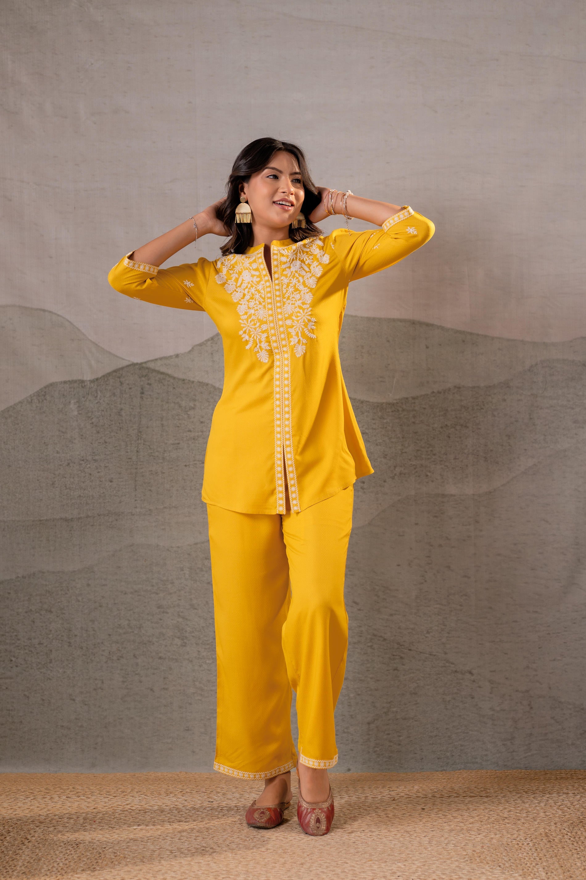 Juniper Sunlit Bloom Mustard Embroidered Co-Ord Set - Distacart