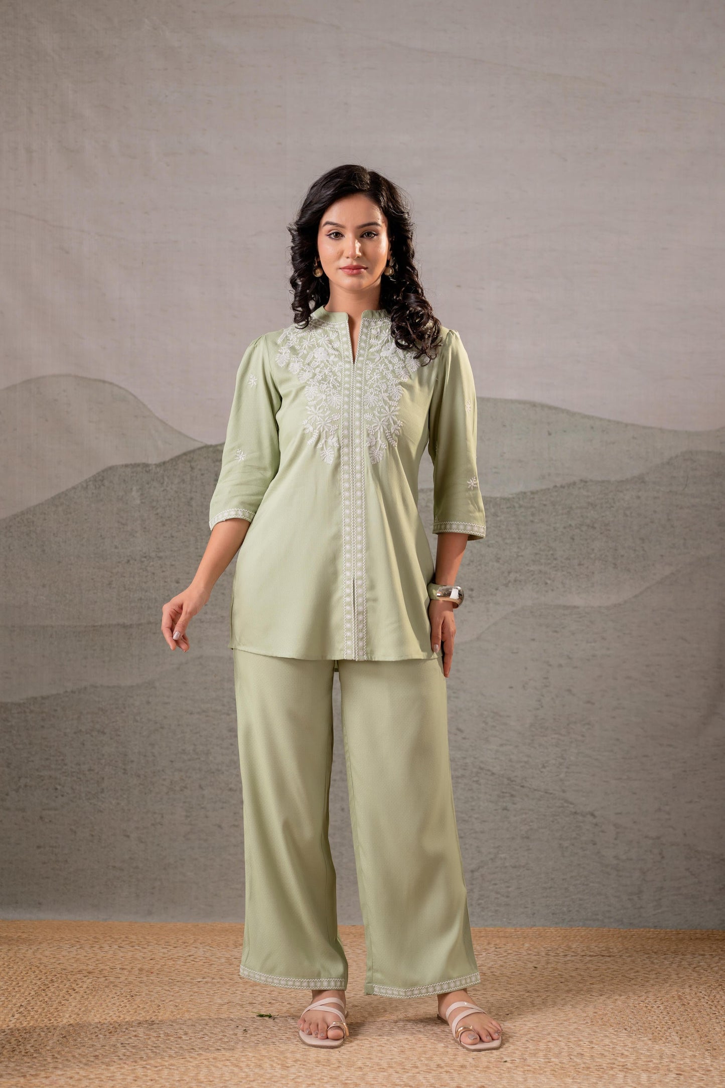 Juniper Pistachio Bloom SageGreen Embroidered Co-Ord Set - Distacart