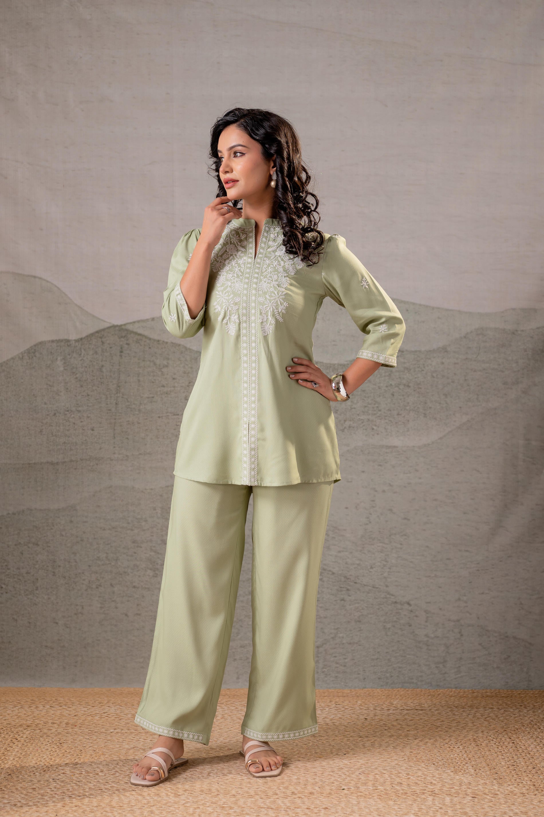 Juniper Pistachio Bloom SageGreen Embroidered Co-Ord Set - Distacart