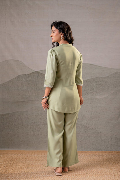 Juniper Pistachio Bloom SageGreen Embroidered Co-Ord Set - Distacart