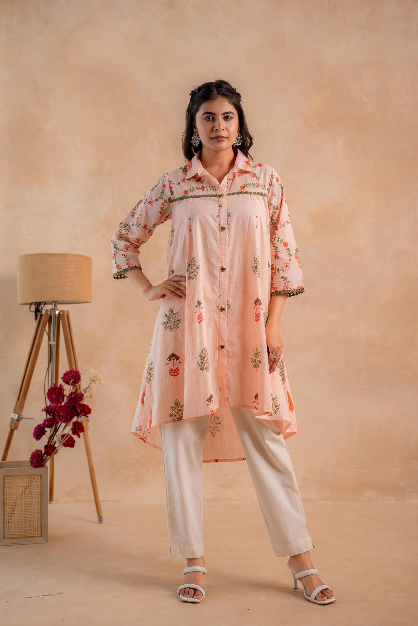 Juniper Blush Peach Garden Printed A-Line Tunic Kurta - Distacart