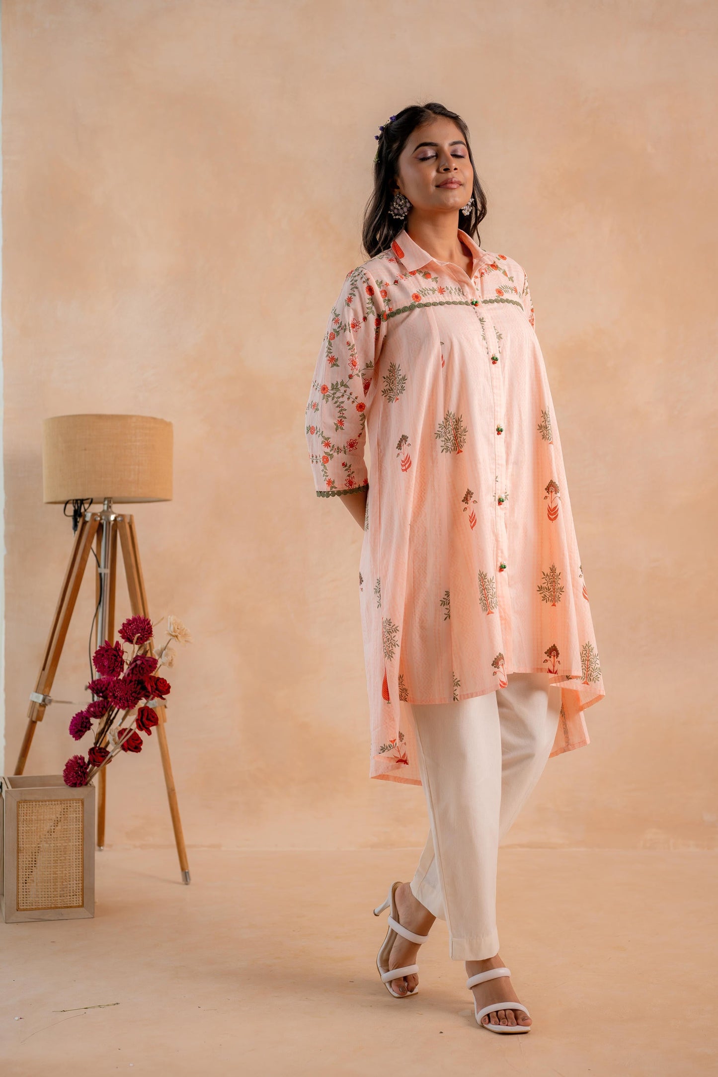 Juniper Blush Peach Garden Printed A-Line Tunic Kurta - Distacart
