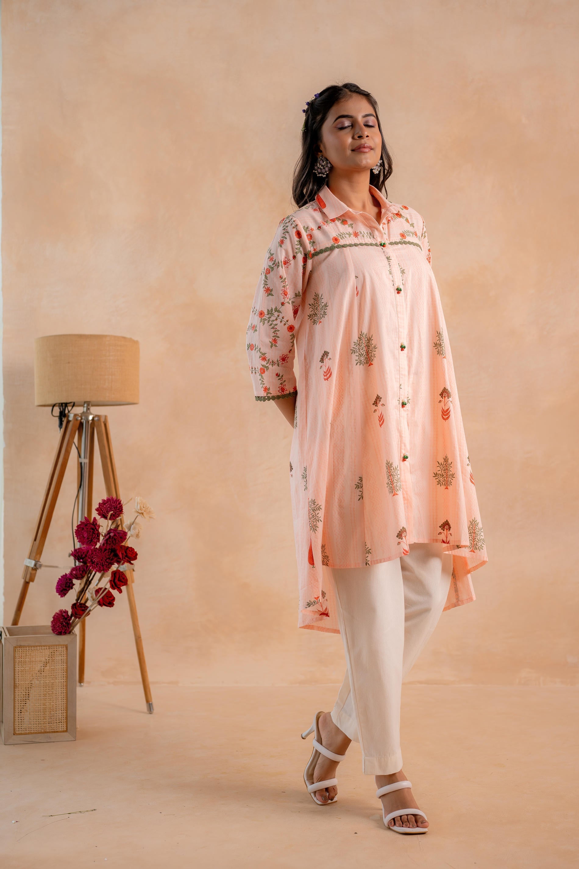 Juniper Blush Peach Garden Printed A-Line Tunic Kurta - Distacart