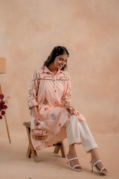 Juniper Blush Peach Garden Printed A-Line Tunic Kurta - Distacart