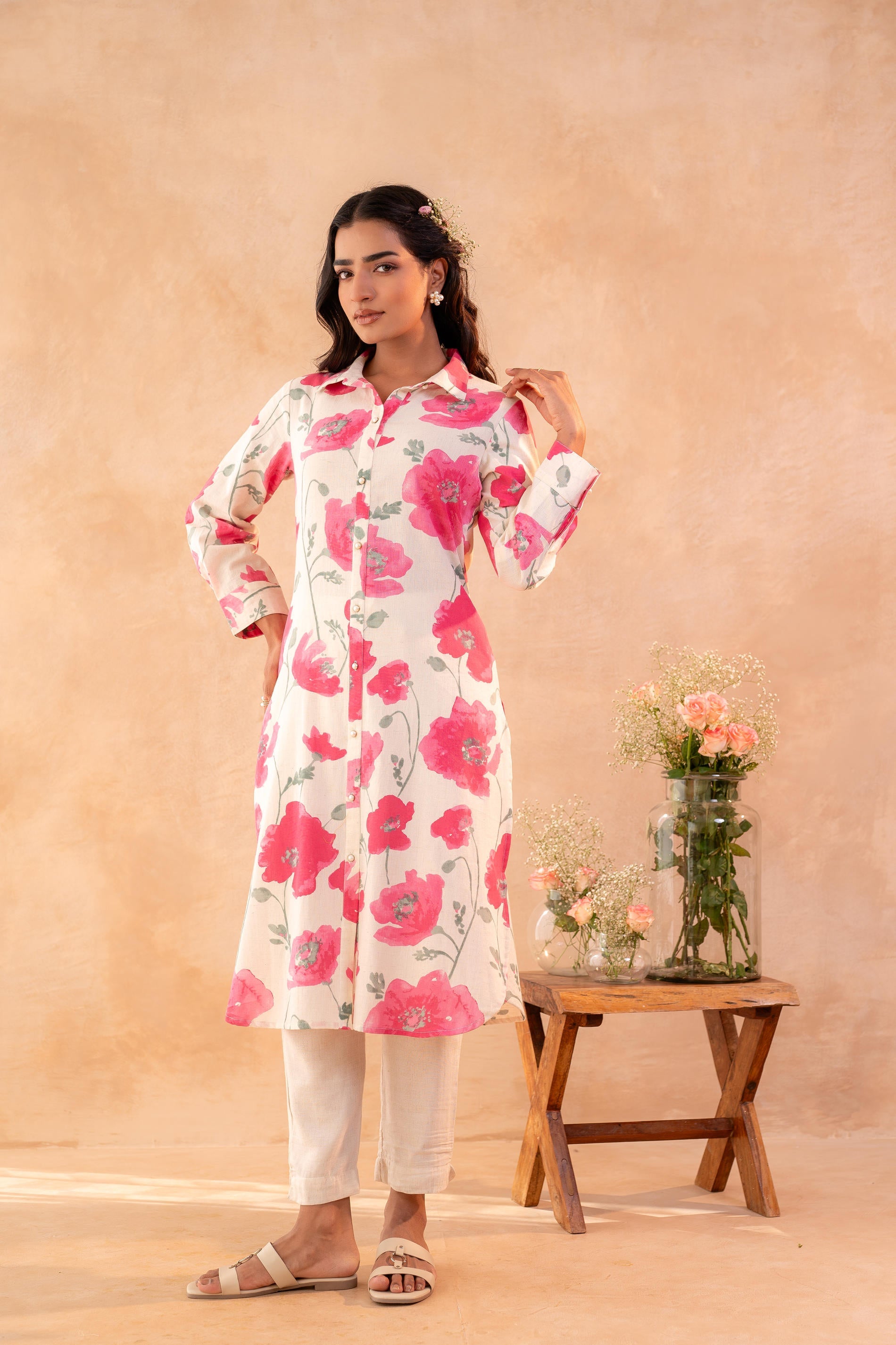 Juniper Ivory Rose Bloom Printed Shirt Tunic - Distacart