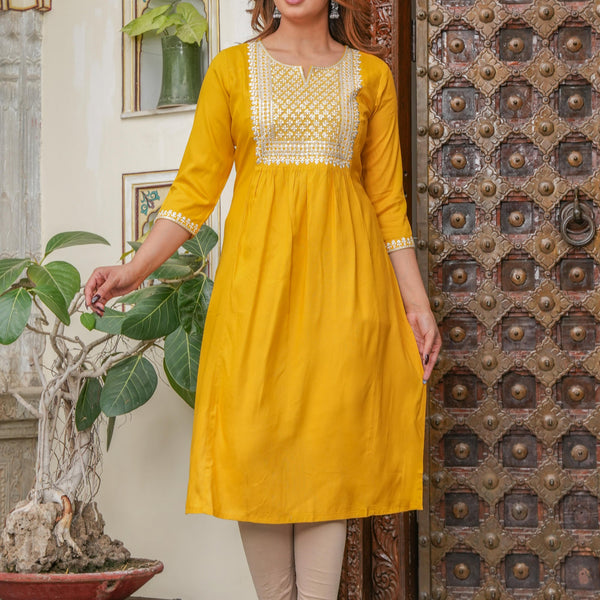 Juniper Mustard Viscose Embroidered Kurta With Thread Work And Sequins