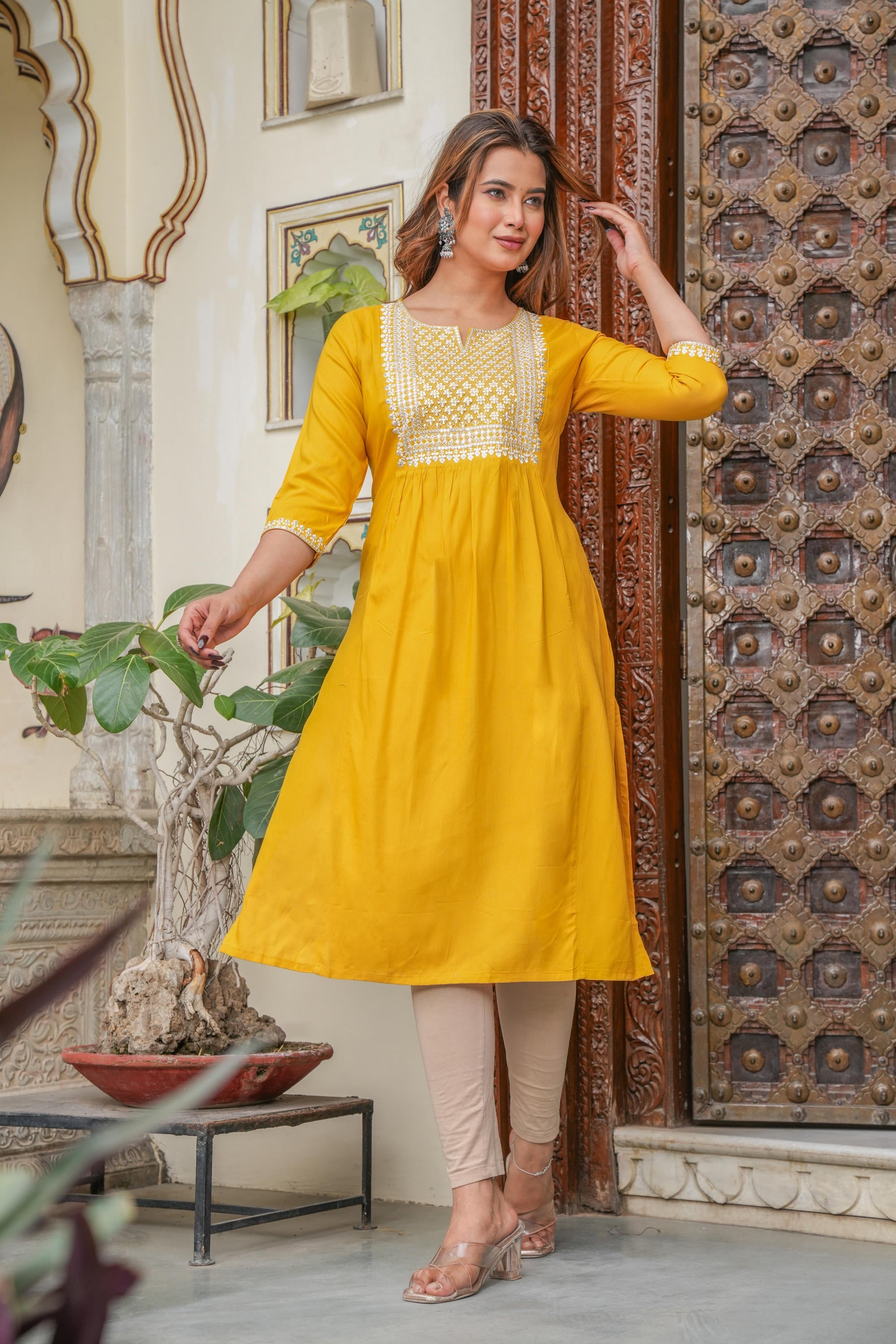 Juniper Mustard Viscose Embroidered Kurta With Thread Work And Sequins