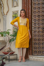 Thumbnail for Juniper Mustard Viscose Embroidered Kurta With Thread Work And Sequins