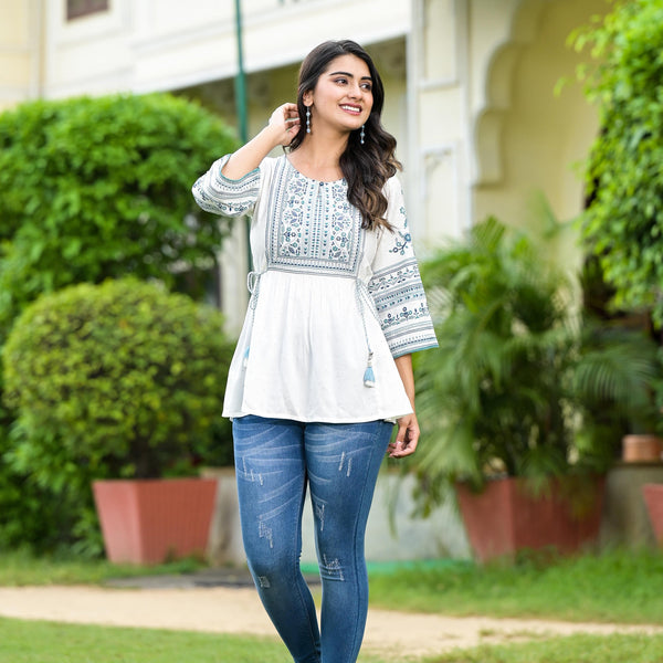 Juniper White Ethnic Motif Printed Viscose Tunic With Sequins & Thread Work