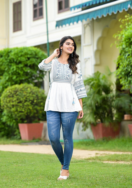 Juniper White Ethnic Motif Printed Viscose Tunic With Sequins & Thread Work