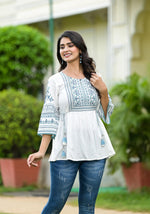 Thumbnail for Juniper White Ethnic Motif Printed Viscose Tunic With Sequins & Thread Work