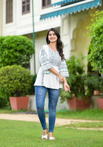 Thumbnail for Juniper White Ethnic Motif Printed Viscose Tunic With Sequins & Thread Work