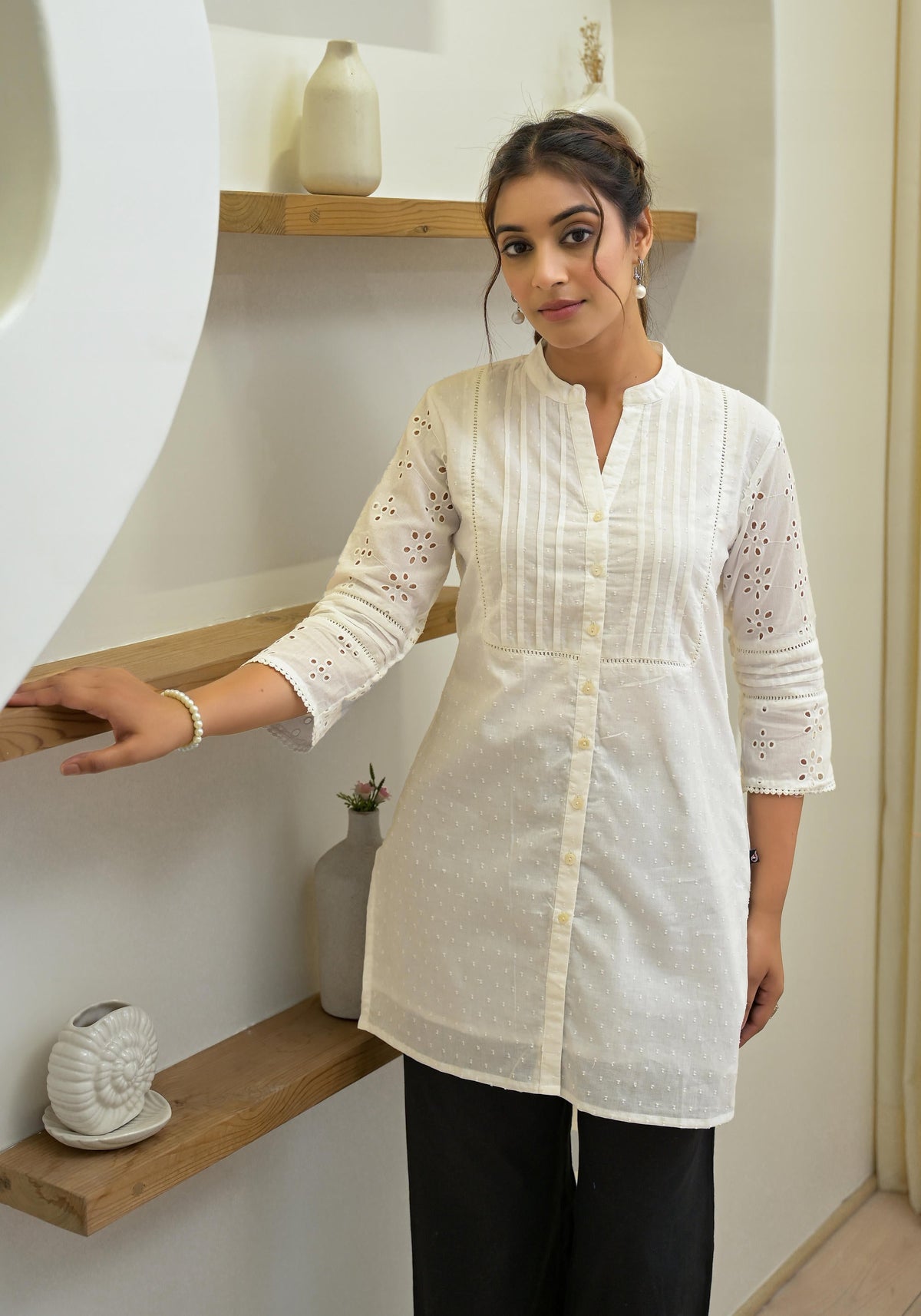 Juniper Women's White Solid Cotton Tunic With Schiffli Work - Distacart