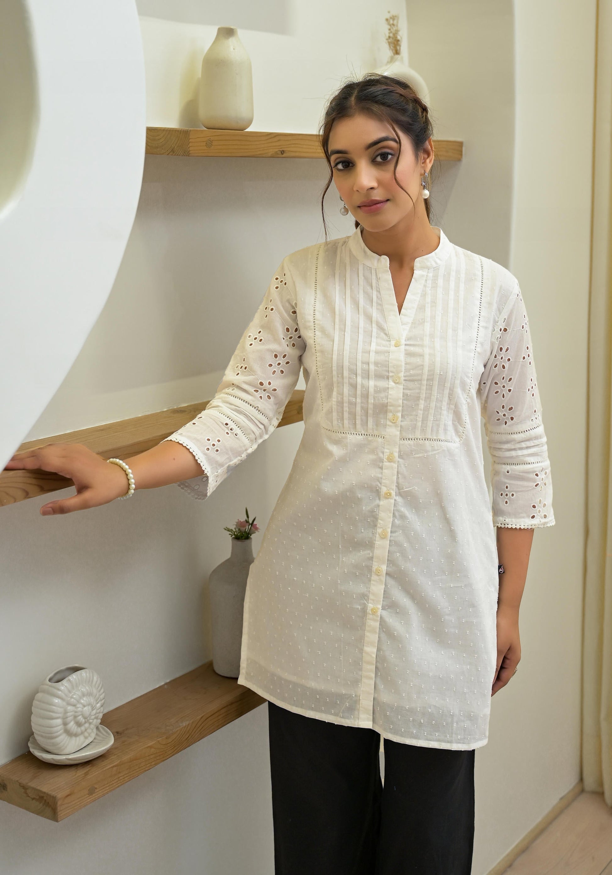 Juniper Women's White Solid Cotton Tunic With Schiffli Work - Distacart