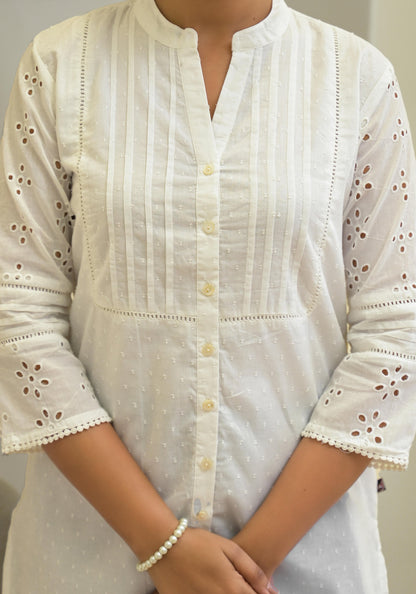 Juniper White Solid Cotton Tunic With Schiffli Work - Distacart