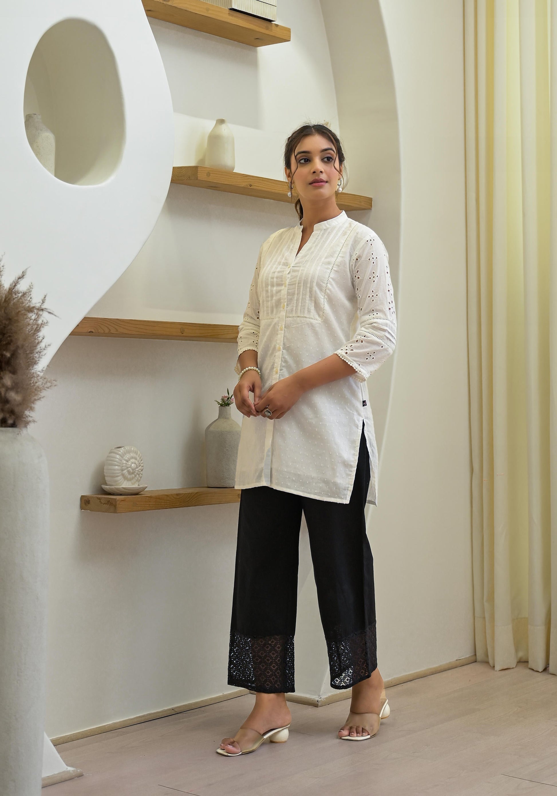 Juniper Women's White Solid Cotton Tunic With Schiffli Work - Distacart