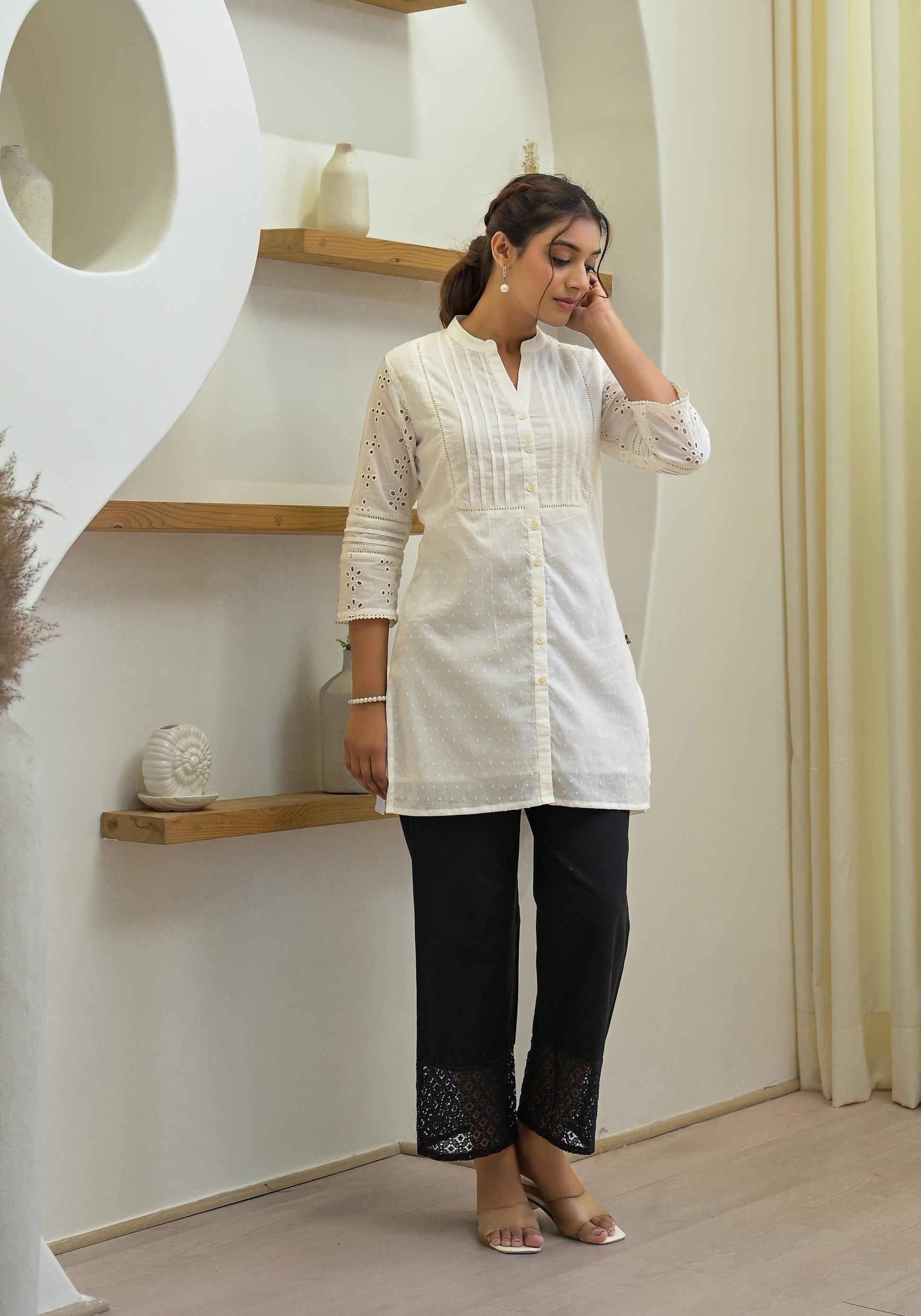 Juniper Women's White Solid Cotton Tunic With Schiffli Work - Distacart