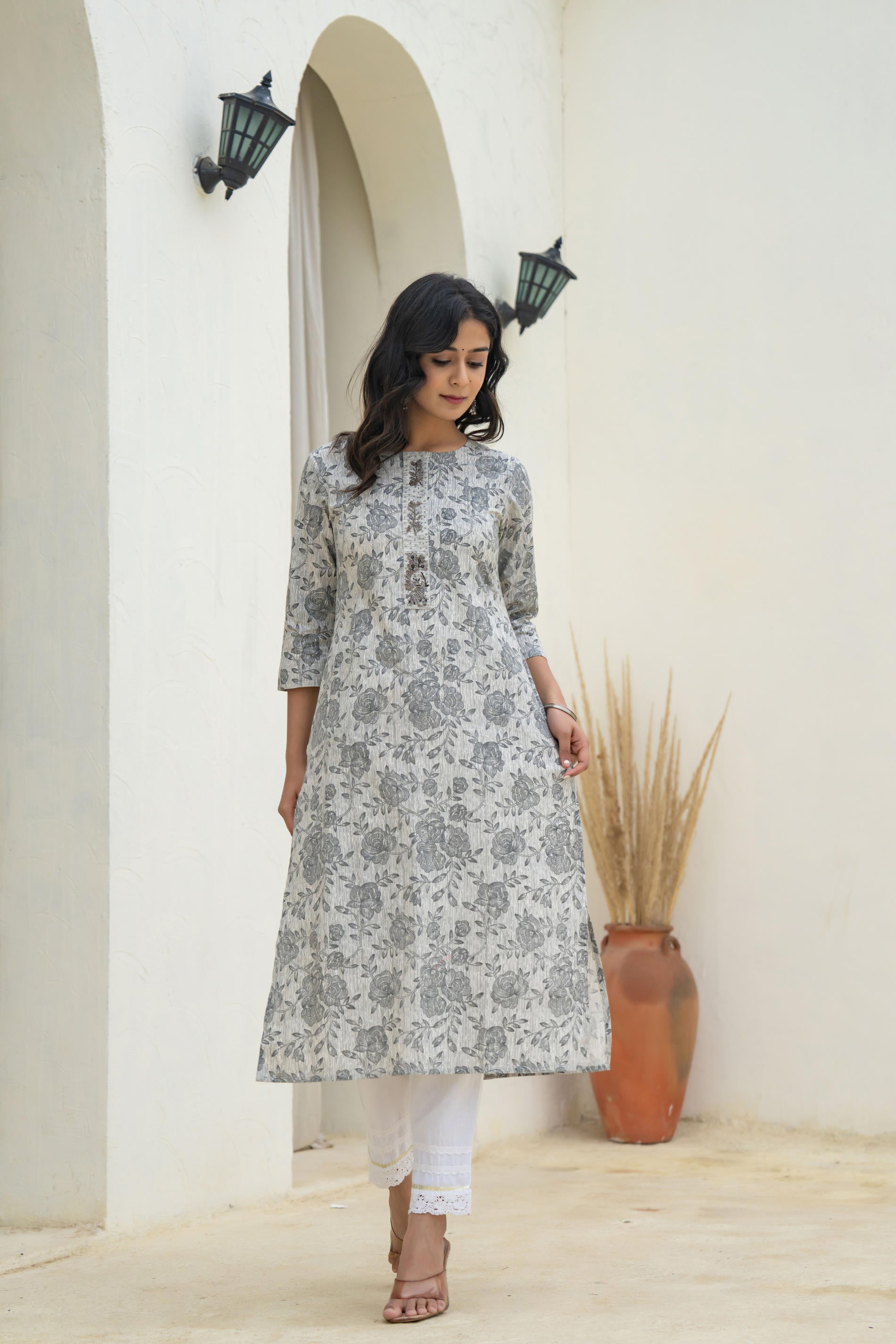 Juniper Grey Floral Printed Kurta