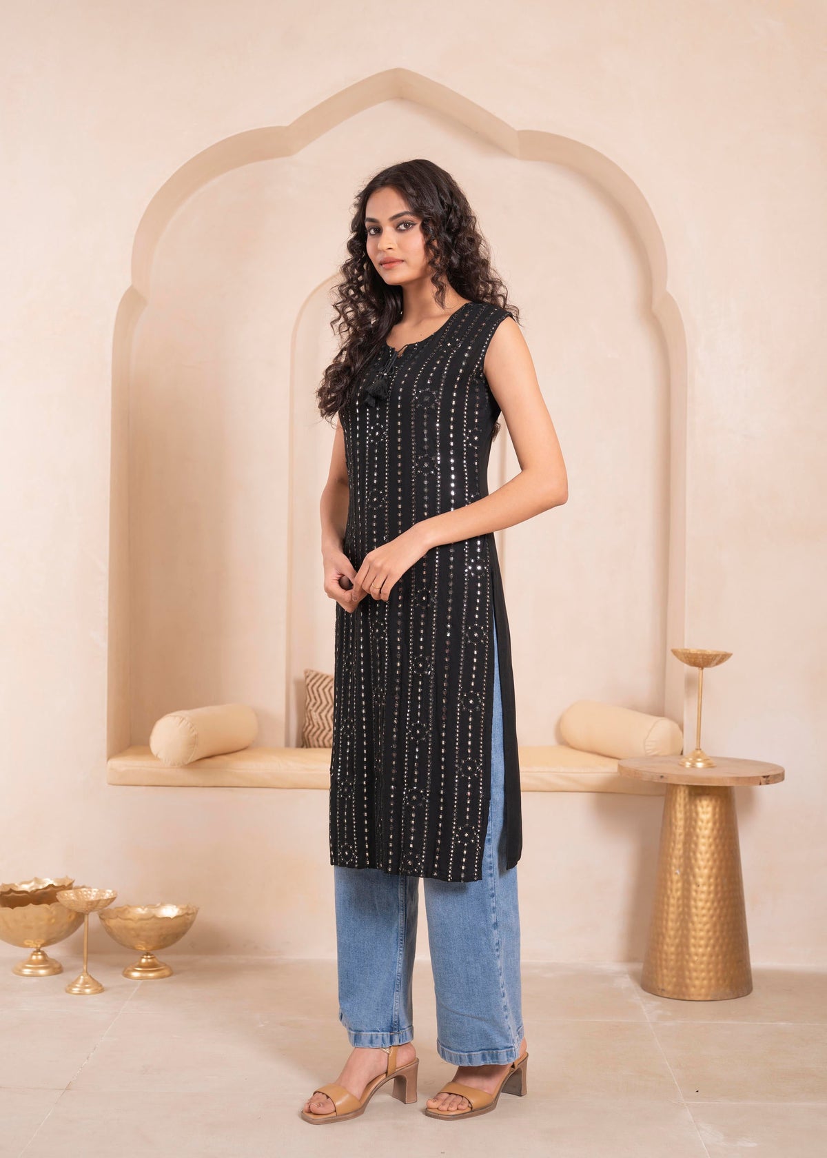 Juniper Black Geometric Embroidered Viscose Kurta with Mirror & Thread Work - Distacart