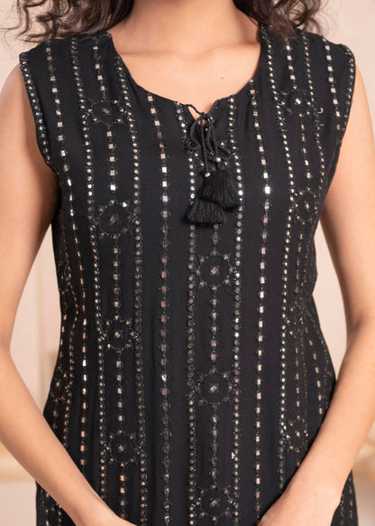 Juniper Black Geometric Embroidered Viscose Kurta with Mirror & Thread Work - Distacart