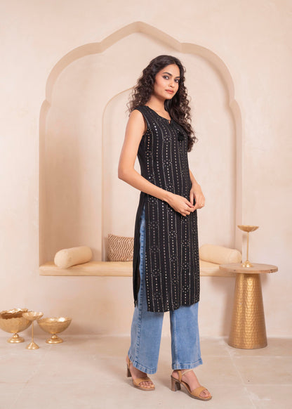Juniper Black Geometric Embroidered Viscose Kurta with Mirror & Thread Work - Distacart