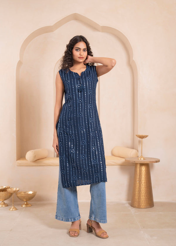 Juniper Navy Geometric Embroidered Viscose Kurta with Mirror Work and Tassels - Distacart