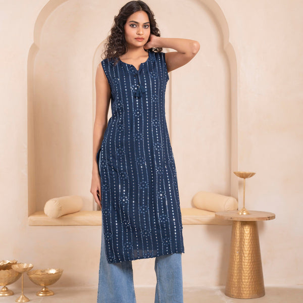 Juniper Navy Geometric Embroidered Viscose Kurta With Mirror Work And Tassels