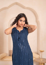 Thumbnail for Juniper Navy Geometric Embroidered Viscose Kurta With Mirror Work And Tassels