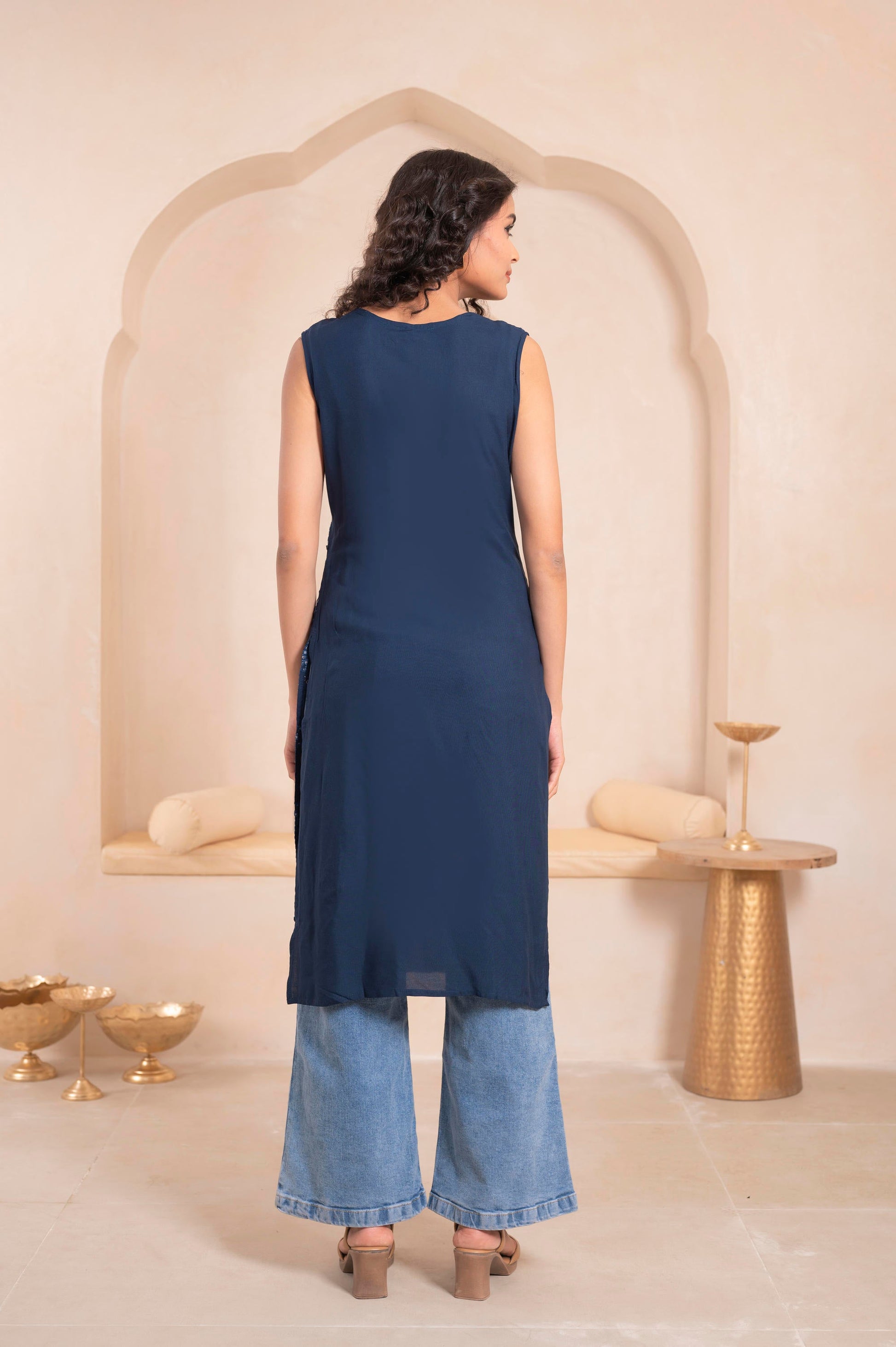 Juniper Navy Geometric Embroidered Viscose Kurta with Mirror Work and Tassels - Distacart