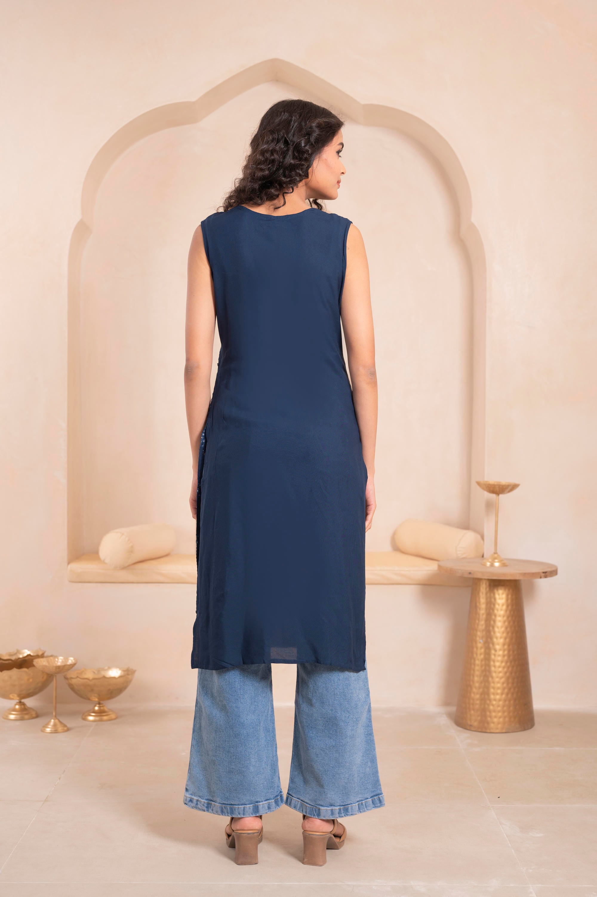 Juniper Navy Geometric Embroidered Viscose Kurta With Mirror Work And Tassels