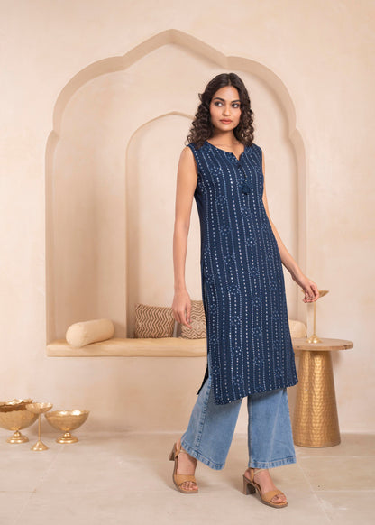 Juniper Navy Geometric Embroidered Viscose Kurta with Mirror Work and Tassels - Distacart