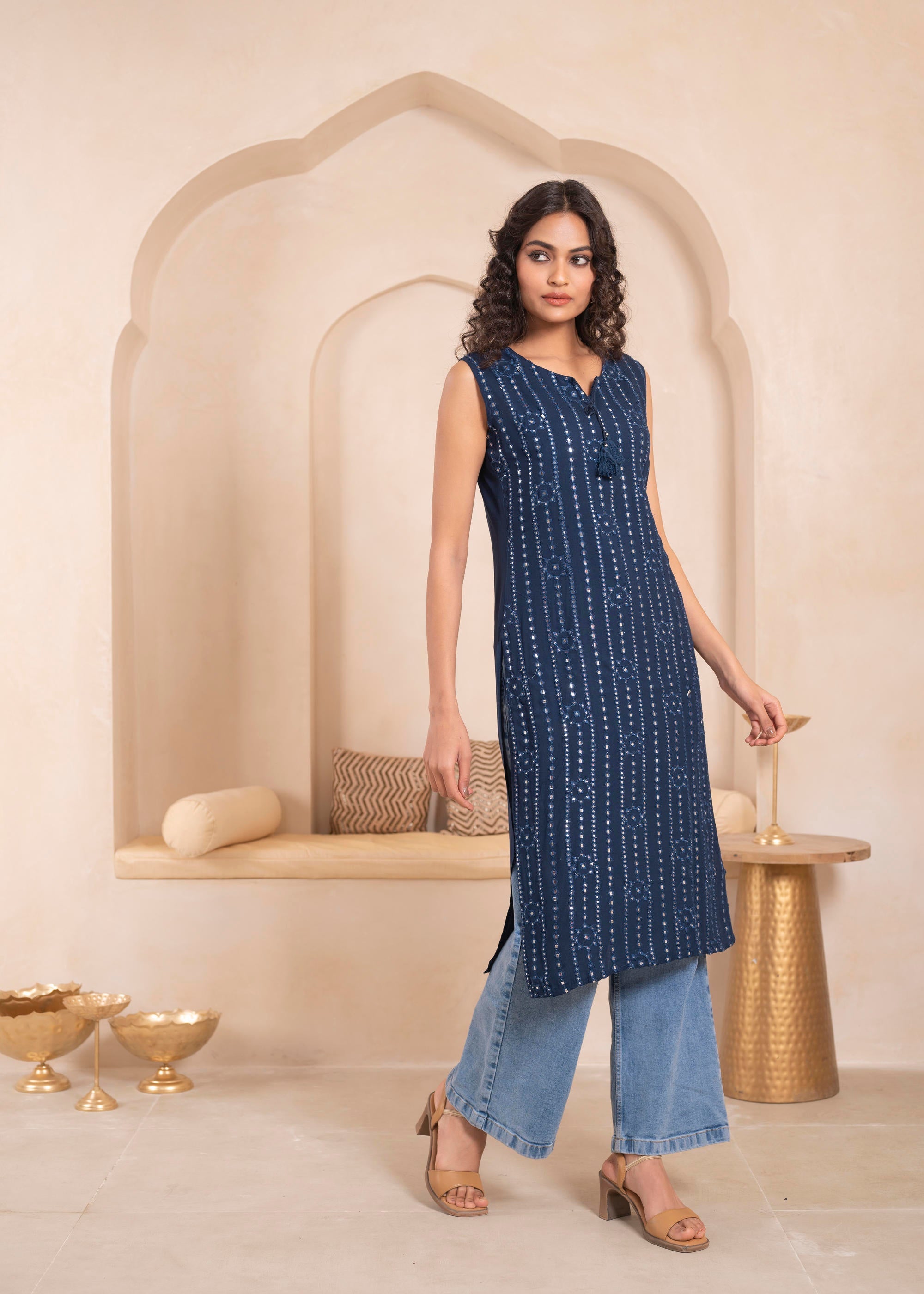 Juniper Navy Geometric Embroidered Viscose Kurta With Mirror Work And Tassels