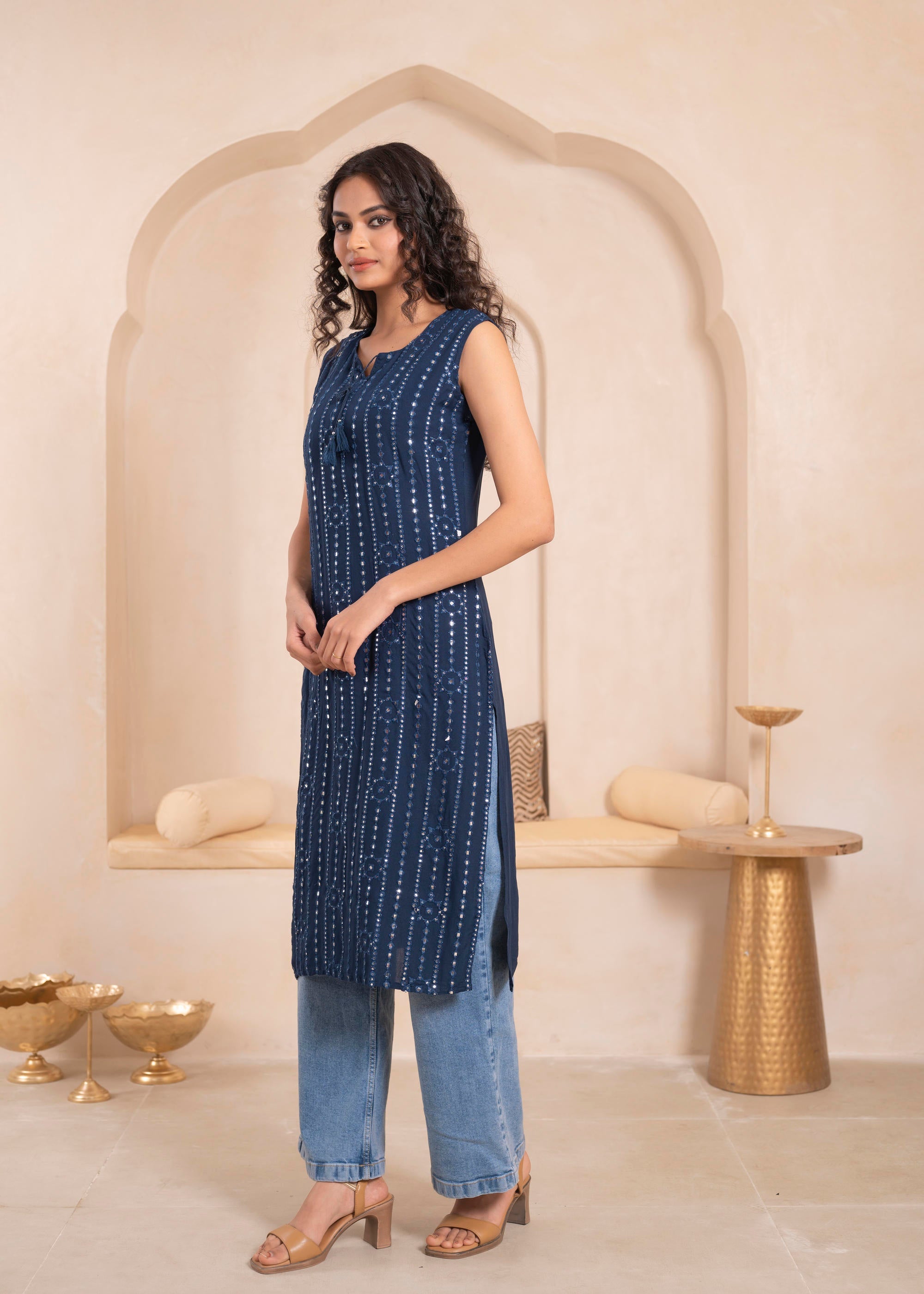 Juniper Navy Geometric Embroidered Viscose Kurta with Mirror Work and Tassels - Distacart