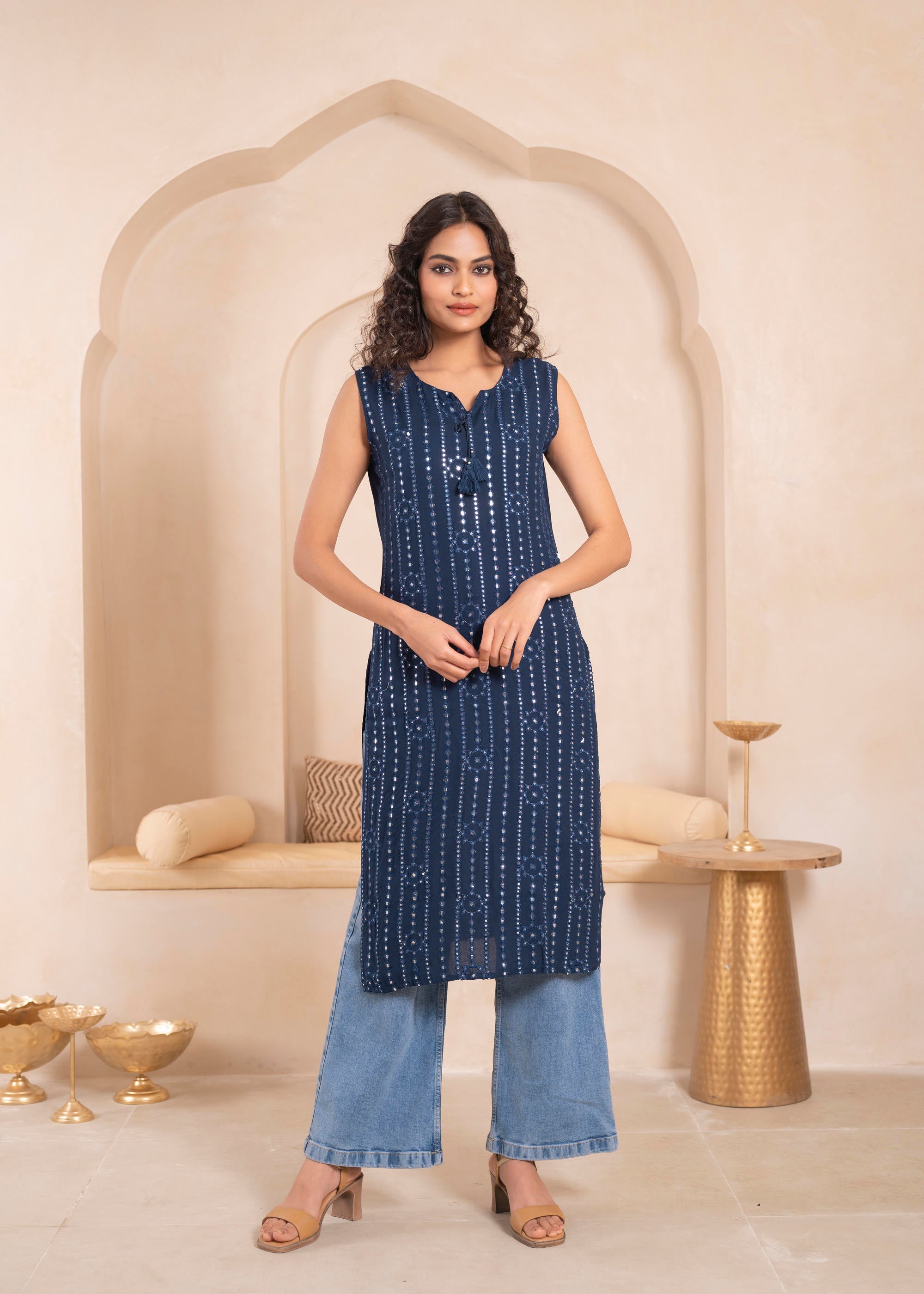 Juniper Navy Geometric Embroidered Viscose Kurta with Mirror Work and Tassels - Distacart